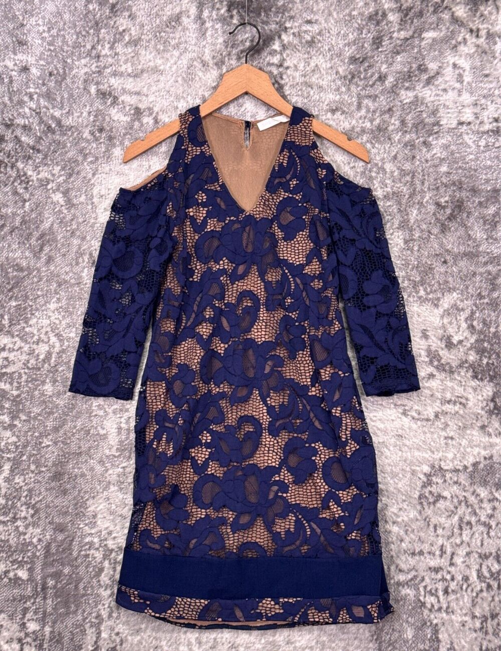 Anne Fontaine Dress 42 Womens Blue Floral Lace Cold Shoulder Mini